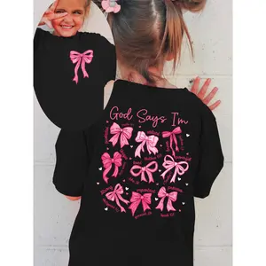 Girls'  Short Sleeve T-Shirt - "God Says I'm Unique" Inspirational Print with Pink Bow & Lettering,  Casual Round Neck Top, Shirts for Girls, Everyday Kids Clothing, Girl Christian T Shirt