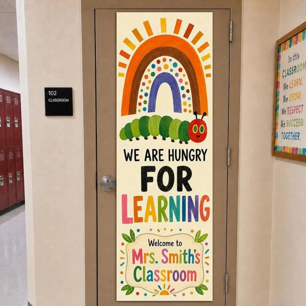Hungry for Learning Linen Door Tapestry, Caterpillar Classroom Banner, Teacher Wall Decor