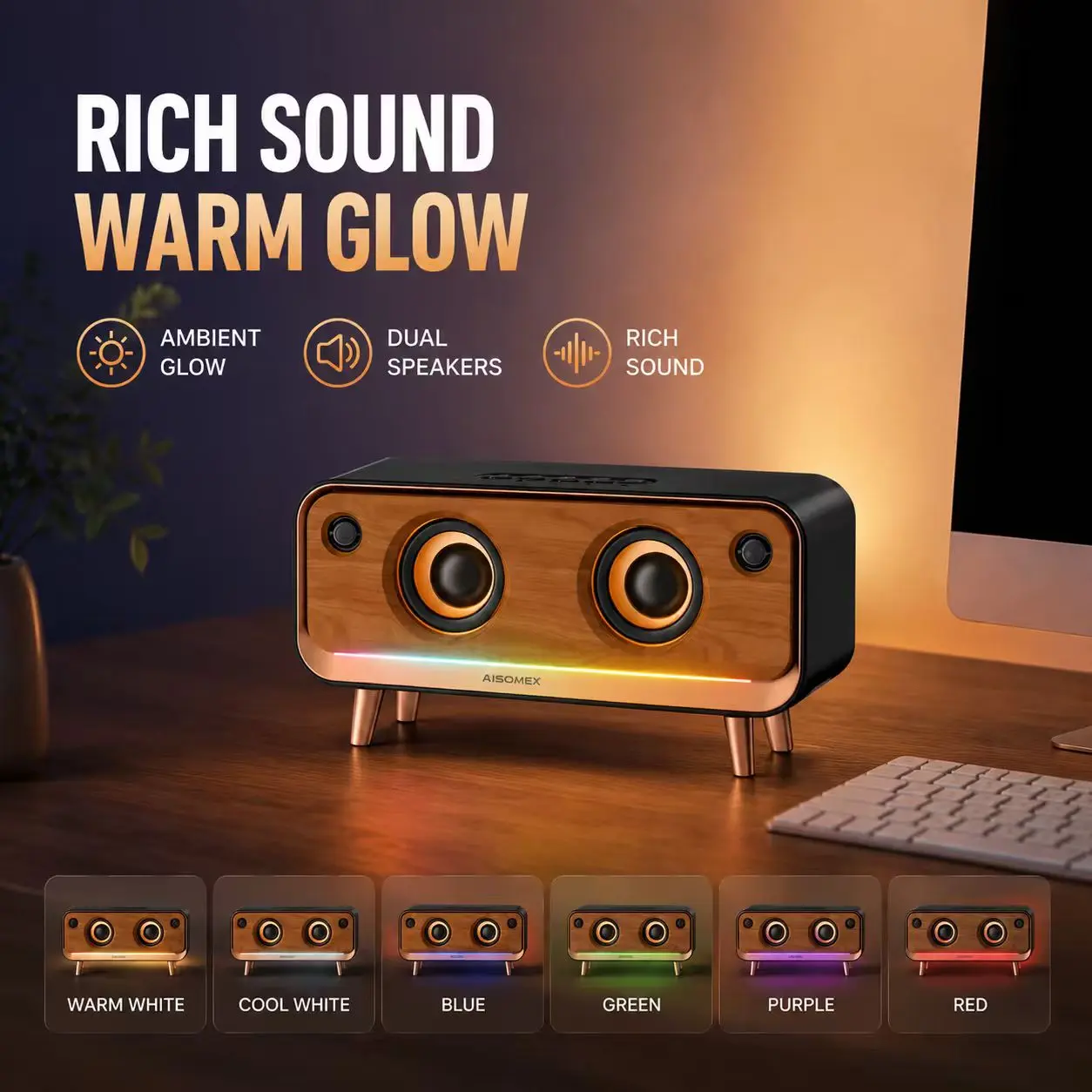【AISOMEX】Vintage Wood Grain Bluetooth Speaker with Eagle Eye Ambient Lamp, Audio Desktop Stereo Sound System for Home Office, Ideal Holiday Birthday Gift for Music Lovers