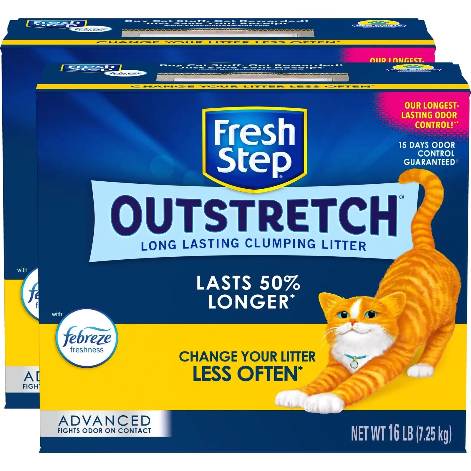 Fresh Step Outstretch Advanced Clumping Cat Litter - Double Pack, 32 lbs (2 × 16 lb boxes), 6x Activated Charcoal, Extended Odor Control, Long-Lasting, Extra Large, Febreze Freshness