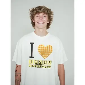 Funny Christian Waffle T-Shirt, I Love Jesus Graphic Tee, Vintage Washed Faith Shirt, Cute Religious Apparel, Unisex Cotton Casual Top
