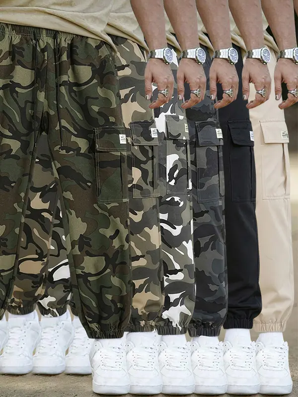 Men’s 6-Pack Trendy Cargo Pants for Spring/Autumn – Camouflage & Solid Colors, Cuffed Ankle Length, Multiple Pockets, Loose Fit, Versatile Sporty Casual Style
