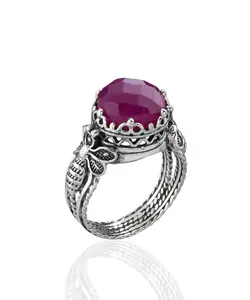 Bee Detailed Ruby Corundum Gemstone Filigree Art Women Silver Cocktail Ring