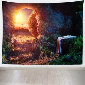 Jesus Tapestry Empty Tomb Jesus Crucifixion Shroud Art Wall Decor Resurrection of Jesus Backdrop with Cross Tapestry Easter Backdrop Church Poster Home Decor for Bedroom Living Room Dorm Room