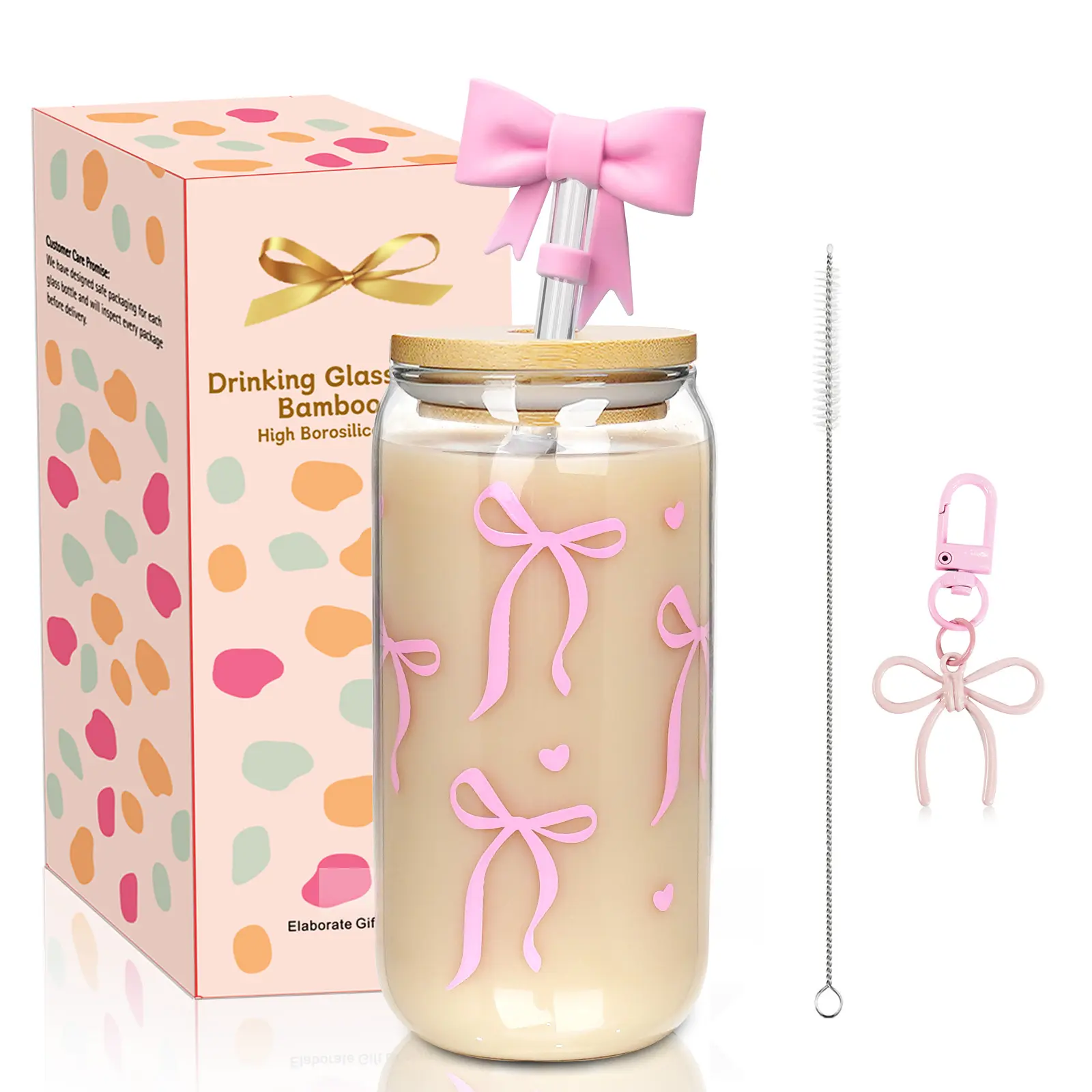ONEHAUS Pink Bow Design Glass Cup Full Set Included - Dishwasher-Safe, Washable, Reusable, with Lids, Straws, Bamboo Base, Iced Coffee Tumbler for Special Occasions, Girly Preppy Kitchen Drinkware