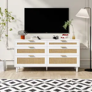 【GOOGREAT】59" Rattan Dresser with Drawers, 6 Drawer Dresser for Bedroom, Clothes Storage Cabinet for Bedroom, Metal Handle&Wood Legs for Hallway, Living Room, Bedroom,White
