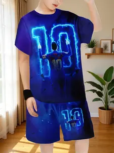 Messi Theme Football Set, Boys' Quick-Dry Sports Jersey and Shorts, Casual Slim-Fit Short Sleeve Suit, All over Print
