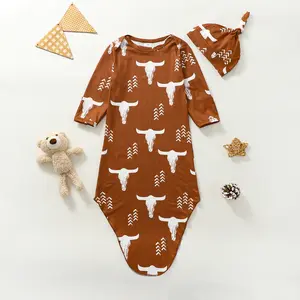 Western Newborn Boy Girl Sleeping Bags Infant Long Sleeve Cow Head Print Knotted Swaddle Wrap Blanket Baby Sleep Sack +Hat 0-3 Months