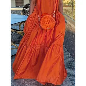 2025 Women's Cotton Blend V-Neck Short Sleeve Long Dress - Loose A-Line Pleated Split Design, Floor-Length Party Casual Dress with Pockets, Summer Elegant Women's Wear, Comfortable Style, Lightweight Texture, Vacation Outfit