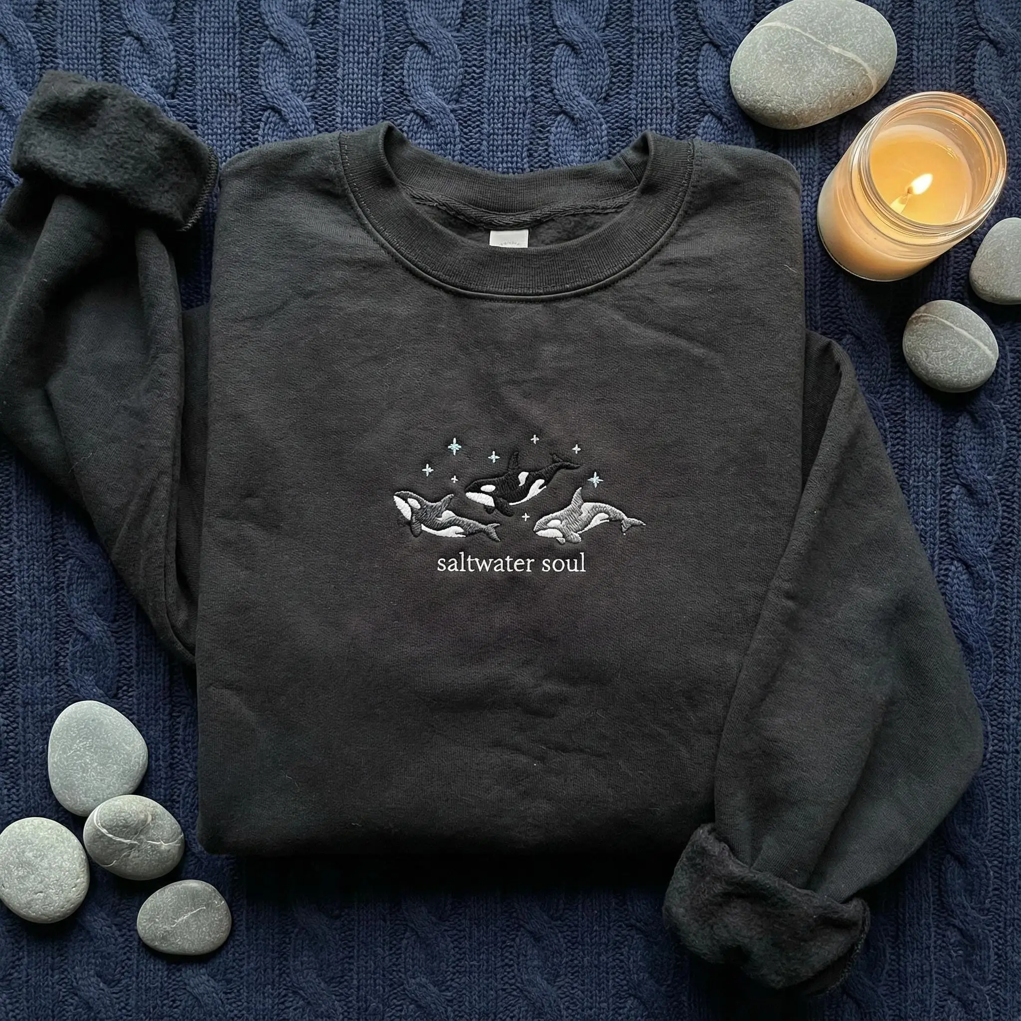 Saltwater Soul Orca Embroidered Sweatshirt, Killer Whale Pullover, Ocean Lover Crewneck, Coastal Aesthetic Gift, Marine Life Shirt