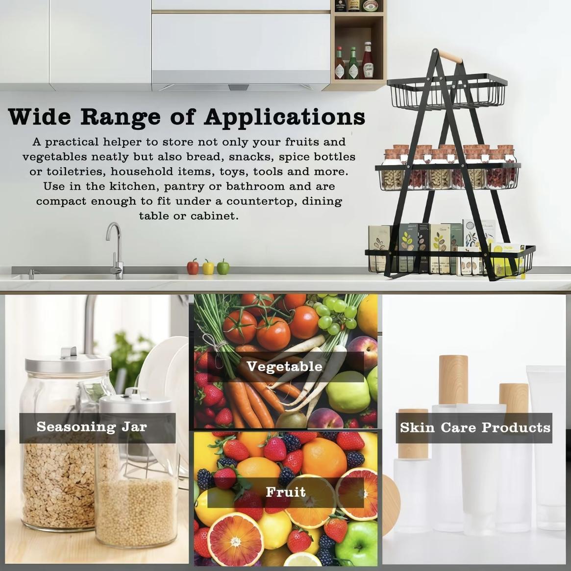 3-Tier Fruit Basket Stand with Wooden Handle, Metal Wire Storage Rack for Fruits, Bread, Snacks & Vegetables, Large Capacity Kitchen Counter Organizer, Space Saving Tiered Food Storage Rack, Home Kitchen Decor