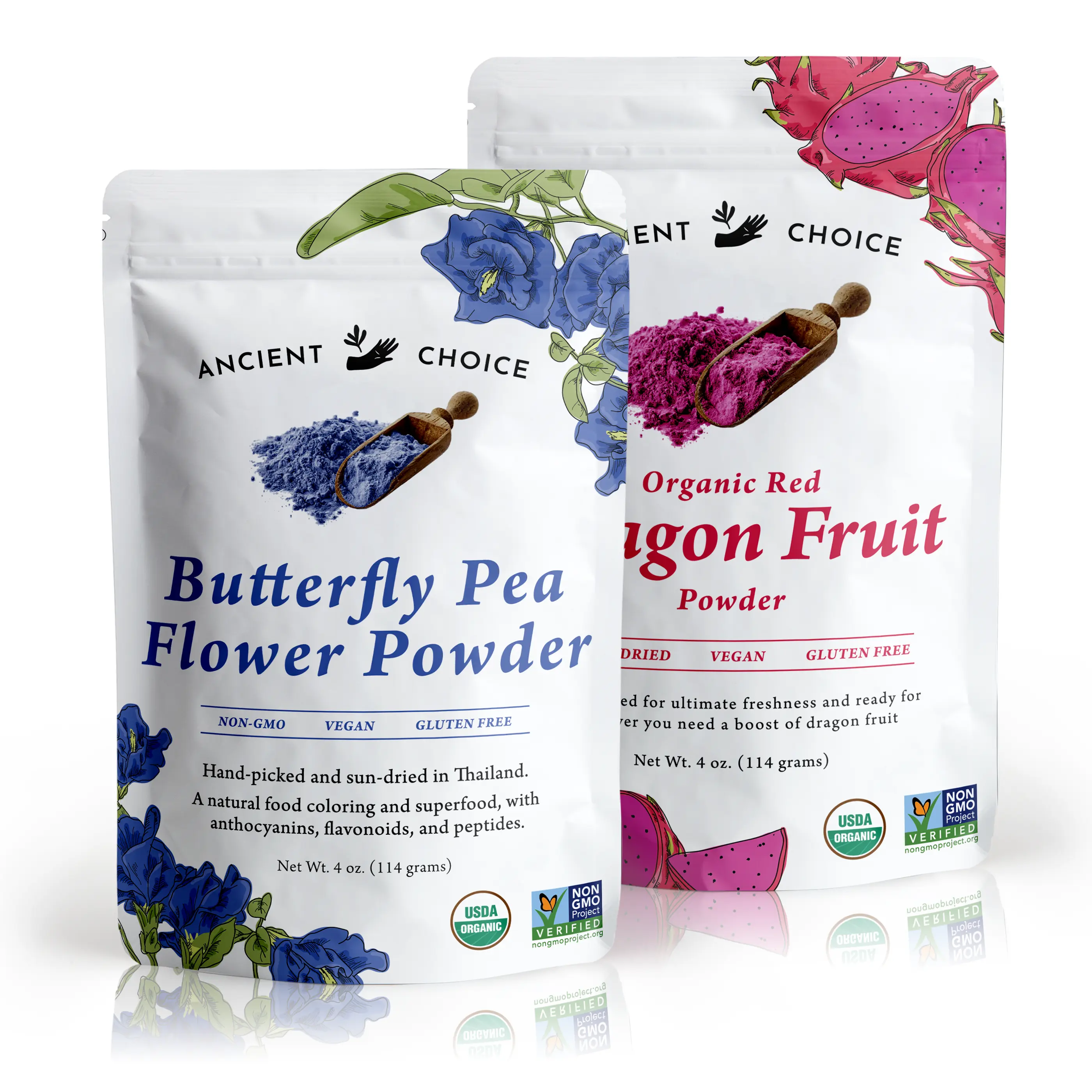 Ancient Choice - Radiant Skin Duo - 2-Pack Bundle | Butterfly Pea Flower Powder, 4oz. and Dragon Fruit Powder, 4oz. | USDA Organic, Non-GMO, Gluten-Free, Vegan | No preservatives, No added sugar | Natural Food Coloring