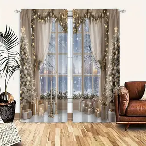2 pieces, Christmas themed curtains, Christmas gift pattern print, pole pocket style, easy install curtain, semi sunshade polyester fiber, suitable for home and café window decoration