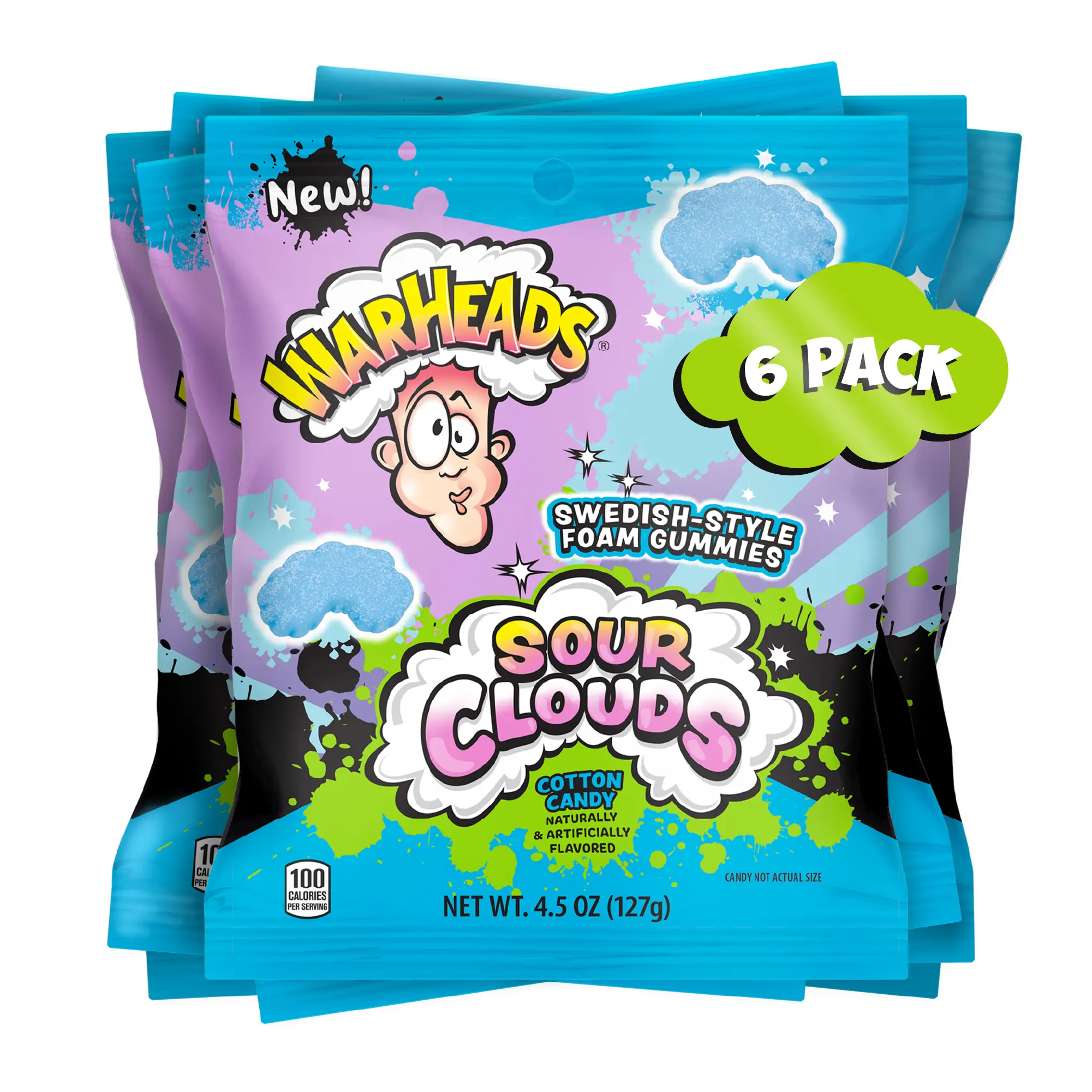 Warheads Sour Clouds Cotton Candy 4.5 oz - 6 Pack Sweet Snack Warheads Sour Clouds Cotton Candy 4.5 oz - 6 Pack Sweet Snack