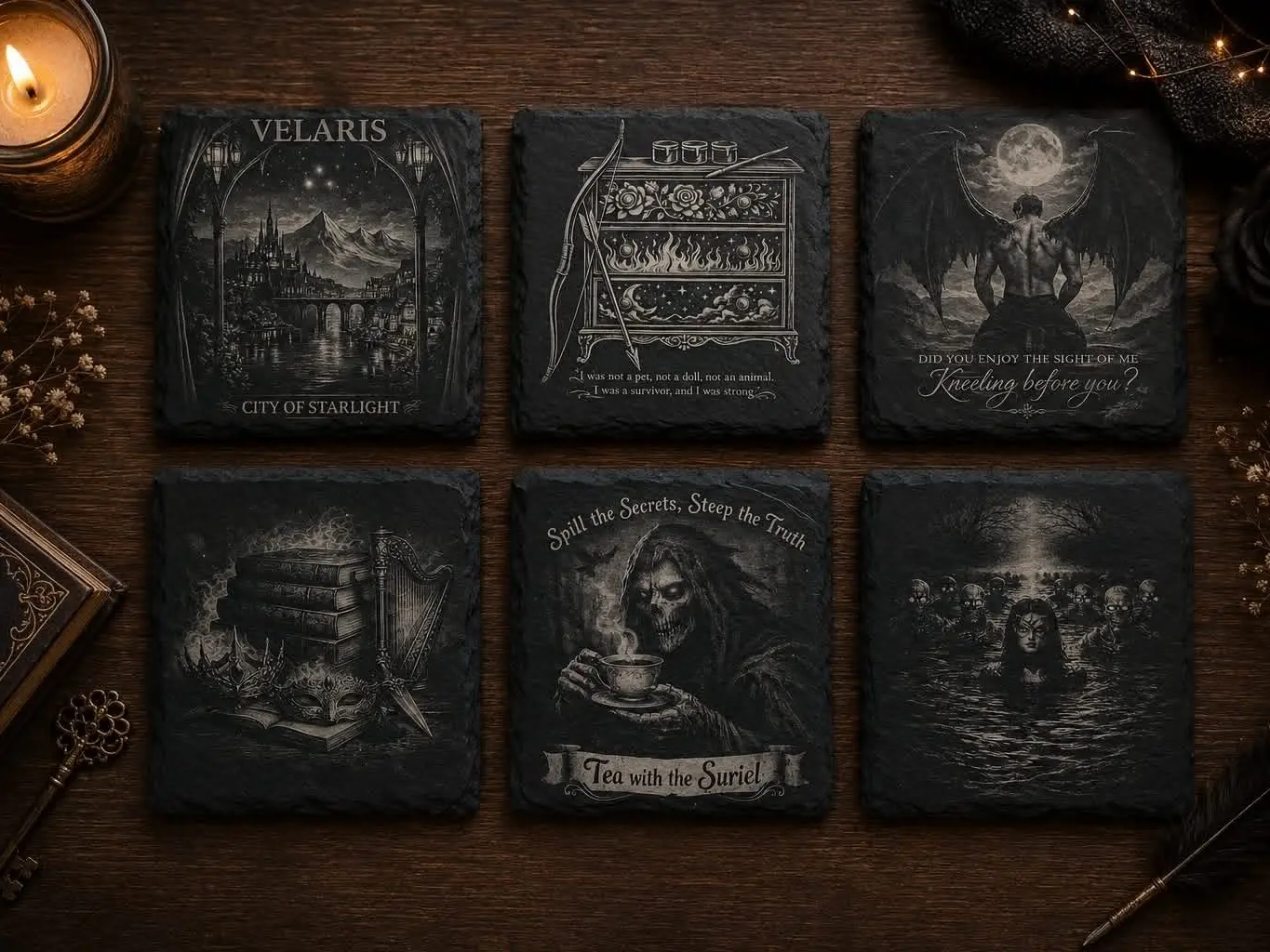 Night Court Coasters, BookTok Inspired Slate Coaster Set, Fantasy Reader Gift, Coffee Lover