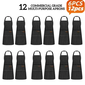 Striped Bib Apron Set, 6pcs/12pcs Bulk, Two Pockets, Kitchen Cooking Aprons, Simple Durable Design, Restaurant & Coffee Shop Workwear, Ca Prop 65 Compliant