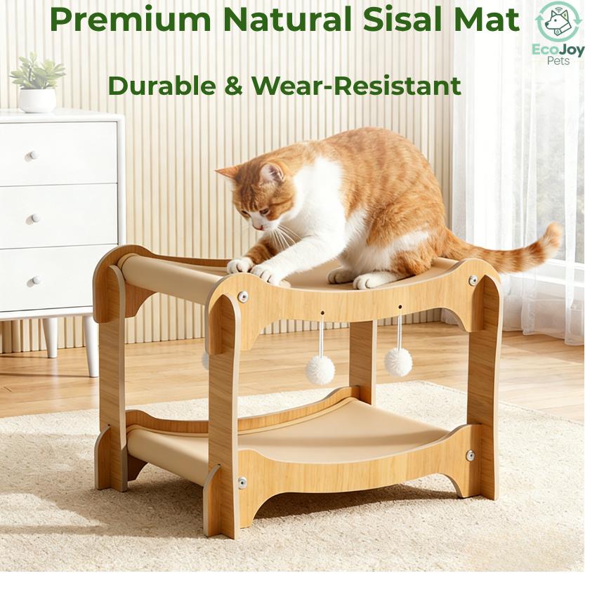 EcoJoy Pets 2-Tier Cat Hammock & Scratching Bed, Durable Wooden Pet Lounge with Natural Sisal Mats, Indoor Cat Furniture with Dangling Play Balls, Heavy Duty Support up to 33lbs