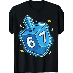 Festive Black Hanukkah T-Shirt for Kids - Cute Blue Cartoon Dreidel Design with White Numbers, Surrounded by Menorah Candles, Golden Coins, and Sparkling Stars - Perfect Holiday Gift for Fun and Celebration (3-13Y)