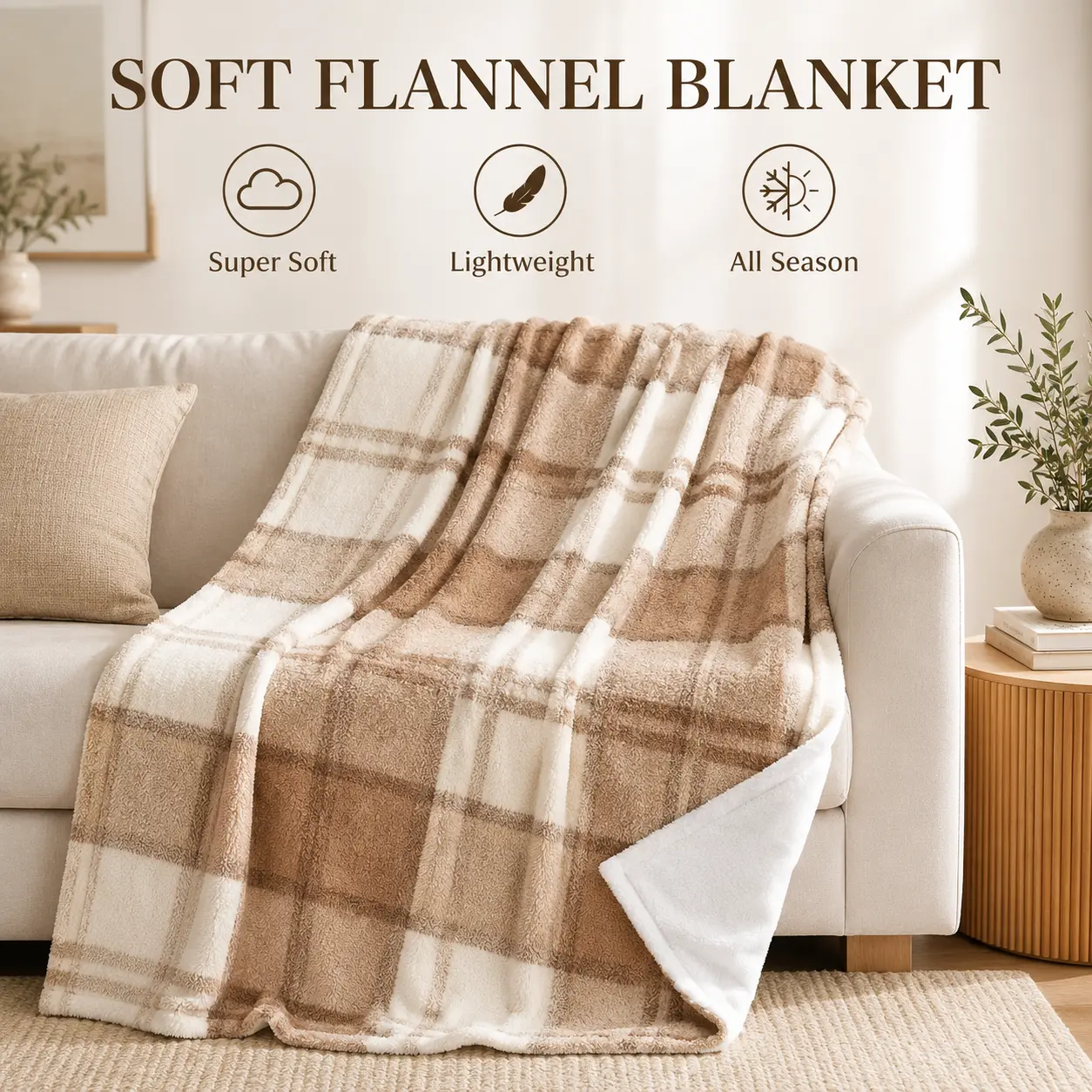 Beige Plaid Flannel Throw Blanket - Soft Lightweight Checkered Home Decor Cover, 1-Sided Print with Plain White Reverse, All-Season Cozy Blanket for Adults, Bed Couch Chair Gift