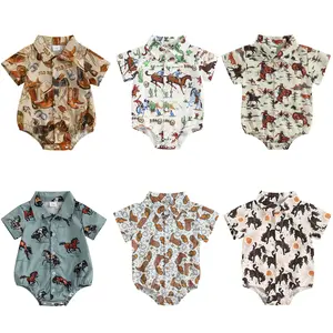 Western Baby Boy Clothes Cowboy Shirt Romper Short Sleeve Button Down Dress Shirt Onesie Bubble Bodysuit Infant Gentleman Outfit