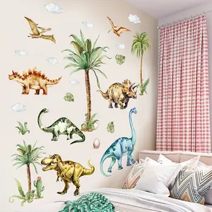 Set of 4 Watercolor Jurassic Dinosaur Wall Stickers (30*90cm*4pcs), Prehistoric Jungle Themed Self-Adhesive Wall Decor Decals for Kids' Room