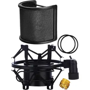 Microphone Shock Mount with Pop Filter, Mic Anti-Vibration Suspension Shock Mount Holder Clip for Diameter 46mm-51mm Microphone