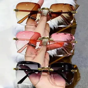 3PCS Square Rimless Sunglasses Women Luxury Brand Designer Summer Red Glasses Fashion Sun glasses For Men UV400 Shades Oculos