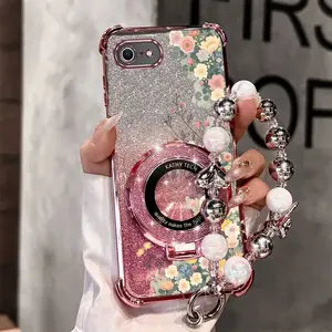 6s Plus Popular Series Pearl Strap Lanyard Phone Holder Case For Compatible With iPhone 6S Plus Transparent Magnetic Glitter Cover and Impact Resistant Lovely Flowers Protector Cases Casing