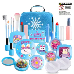 23pcs Girls' Pretend Play Makeup Toy Set, Blue Shimmer Snow Bunny Theme with Mirror Storage Bag. Kids' realistic cosmetic toy, specially designed for role play, non-staining and safe, suitable for girls age 3+, an ideal gift for birthdays and festivals.