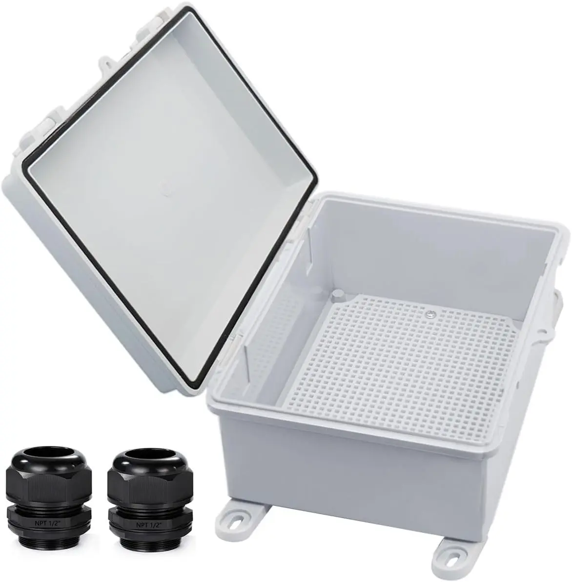Waterproof Outdoor Electrical Box Junction Box Weatherproof IP67 ABS Plastic Enclosure Switch Router Project Box with Mounting Plate with Wall Bracket 2 Cable Gland Grey 8.7"x6.7"x4.3"