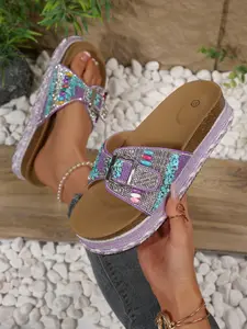 Bohemian Rhinestone Beaded Platform Slides, Adjustable Buckle Summer Sandals, Glitter Dress Sandals, Sparkly Thick Sole Shoes for Women, Stylish Footwear