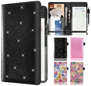 Server Book with 2 Zipper Pockets Leather Organizer for Waitress Bling Waiter Money Wallet w/ Pen Holder Guest Check Presenter Restaurant Waitstaff