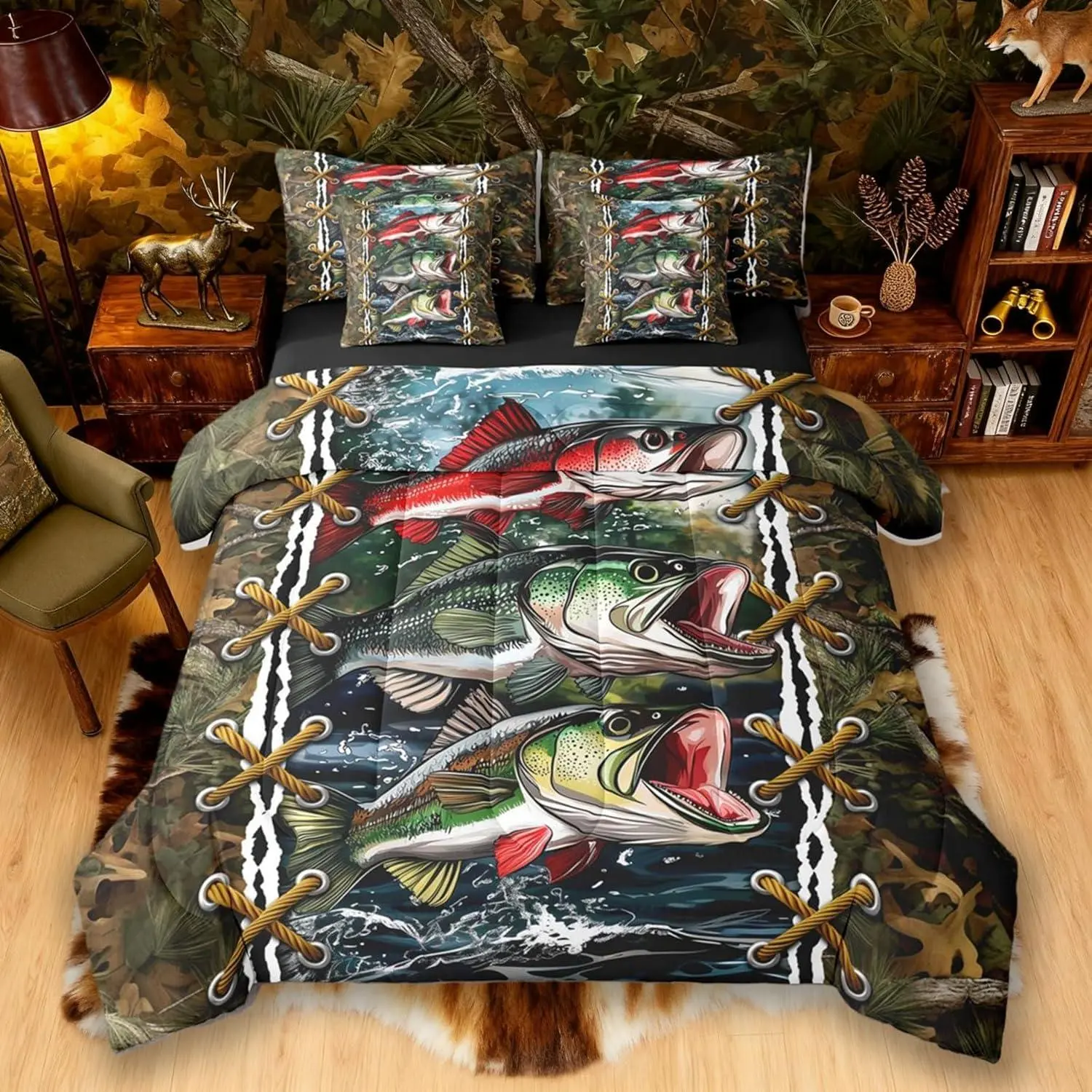 Camo Bedding Set Bass Pike Fish 7 Piece Comforter Set Bed in a Bag | Mens Hunting Country Comforter and Sheet Set,Woodland Animals Camouflage Cabin Bed Sets,Rustic Farmhouse Decor