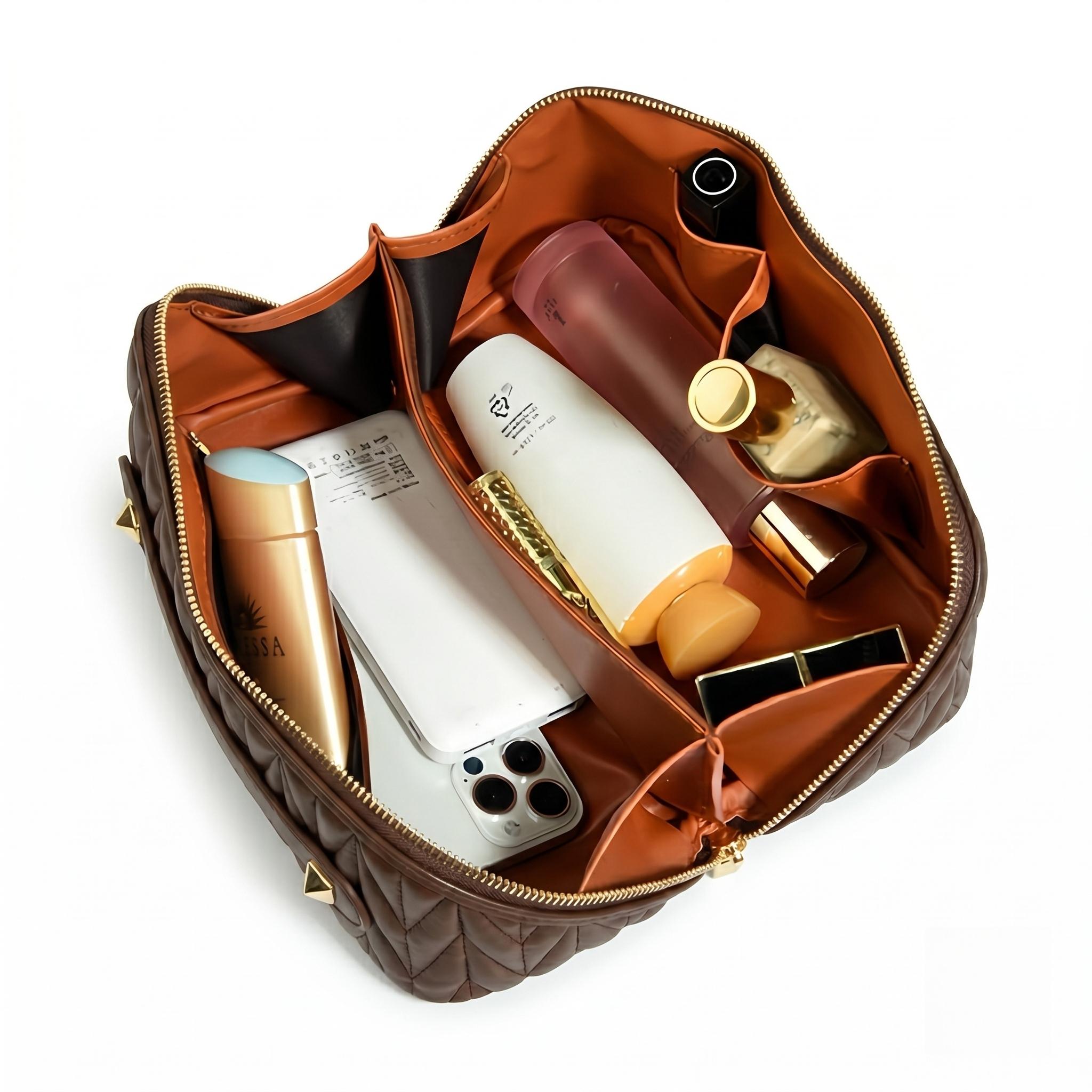 Large Capacity PU Cosmetic Salon-Grade Organizer Bag for Travel Waterproof Valentine's Day Gift Vegan Leather Makeup Pouch Portable Toiletry Bag for Women Makeup Case Jewelry Organizer Box Handheld Cosmetic Pouch Girlfriend Present Minimalist