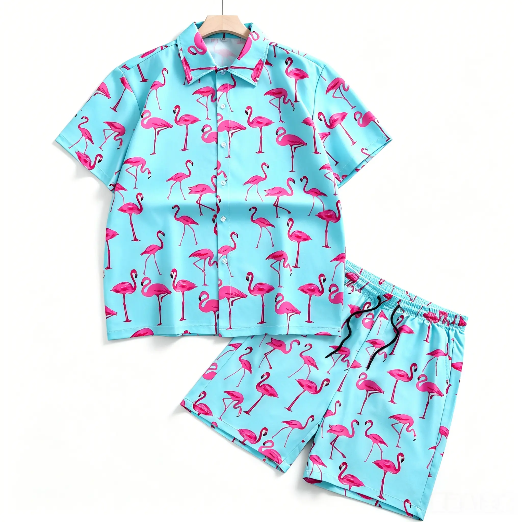 Men's Menswear Clothes Set, Relaxed Fit Tropical Flamingo Print Hawaiian Button-Down Shirt and Quick-Dry Shorts, 2-Piece Outfit for Beach Vacation, Matching, Shortsleeve, Casual, Classic, Polyester, Tropical Clothing, Smooth, Elastic, Fabric