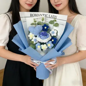 Ready-To-Ship Knitted Bouquet Heart Rose Yarn Handmade DIY Fake Flowers Birthday Gift, Perfect for Special Occasions & Decorations, Crochet Flowers Bouquet