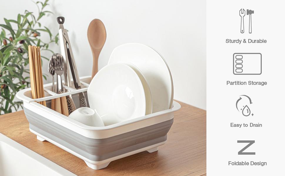 Collapsible Dish Drying Rack – Portable Foldable Drainer with Utensil Holder for Kitchen, RV & Camping
