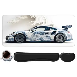 4pcs Blue and White Wave Pattern Racing Car Design Mouse Pad + Keyboard Wrist Rest + Ergonomic Mouse Pad + Coaster Set For Desktop Decoration, Office Accessories Set Ergonomic Wrist Support, Computer Mat Mouse Pad Coaster Suitable For Home Office Gaming