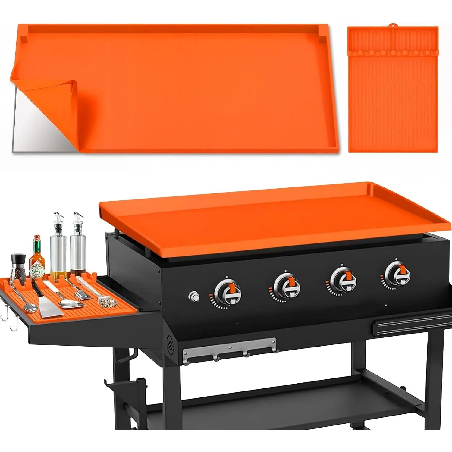36-in Griddle Cover & 16-in Barbecue Griddle Accessories Set, Silicone Textured Fire-Resistant Precision-Cut Rectangular Reusable Food-Grill Mat for Dirt & Rust Protection