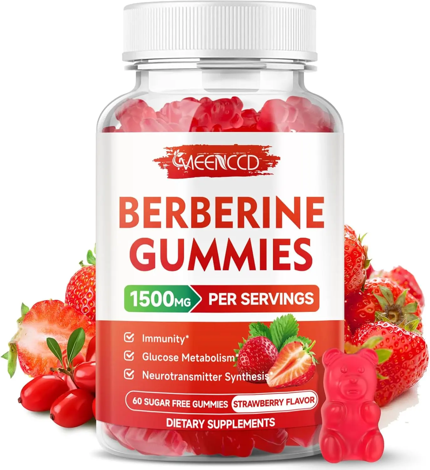 Berberine Gummies with Ceylon Cinnamon 1500mg High Potency Berberine HCL Supplement for Immune Support, Organic Berberine Gummies, Sugar Free, Vegan, Strawberry Flavor, 60 Count