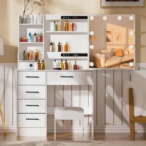 Girls Vanity Set with LED Lighted Mirror, 3 Color Modes & Brightness Adjustable Makeup Table, 6 Storage Drawers, 6 Display Shelves Dressing Table for Bedroom, White