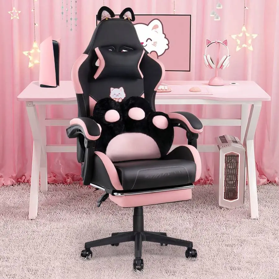 Cute Gaming Chair With Cat Ears & Cat Paw Lumbar Support, Ergonomic Reclining PC Chair, With Footrest, Headrest & Adjustable Features,Halloween Decor