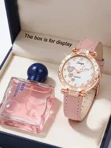 Women's Gift Box Set (includes Heart Watch & Perfume), Elegant Sweet Style, Sparkling Faux Diamond Bezel, Perfect for Valentine's Day/birthday, Elegant Fashion Watch, Quartz Wristwatch, Modern Fashionable Wristwatch