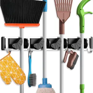 Wall Mount Mop and Broom Holder,Heavy Duty Metal Tool Organizer with 4 Slots & 4 Hooks, Rust Resistant Space Saver for Kitchen, Bathroom, Laundry, Garage, wall mounted tool organizer,storage rack,heavy duty wall rack