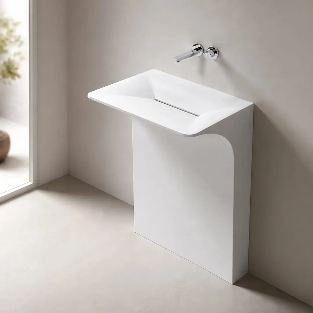 Modern Wall-Mounted Solid Surface Pedestal Sink, One-Piece Floating Bathroom Vessel Sink with Hidden Linear Drain, Matte White, 23.2"W x 33.2"D x 18"H, Wall Mount Faucet Compatible, for Small Bathroom & Powder Room, Matte White Color Options