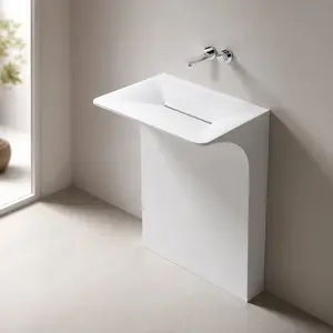 ARCH Modern Wall-Mounted Solid Surface Pedestal Sink, One-Piece Floating Bathroom Vessel Sink with Hidden Linear Drain, Matte White, 23.2"W x 33.2"D x 18"H, Wall Mount Faucet Compatible, for Small Bathroom & Powder Room, Matte White Color Options