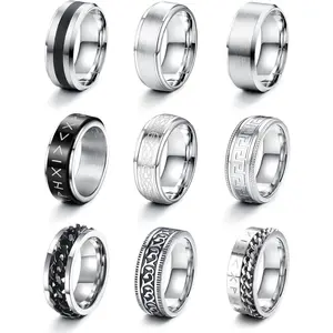 FINREZIO 9 Pcs Stainless Steel Silver Black Men Rings Matte Finish Polished Band Rings Chain Rings Celtic Ring Bottle Opener Rings Wedding Band Engagement Promise Fidget Ring Daily