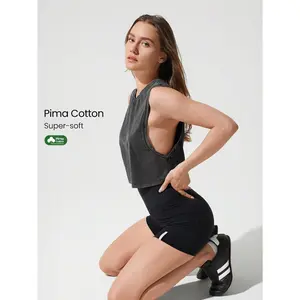 GLOWMODE Washed Pima Cotton Cool Crop Relaxed Fit Crew Neck Cropped Cut Off Boyfriend Muscle Tank Top Gym Training Daily Casual Wear