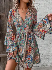 Women's V Neck Printed a Line Long Sleeve Casual Dress, Elegant Comfortable Daily Wear, Stylish Ladies Fashion Clothing