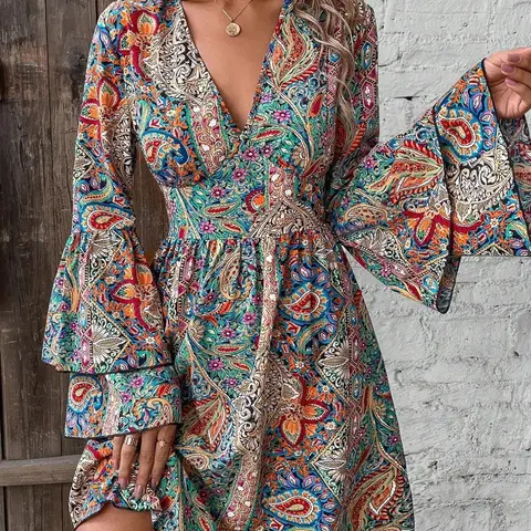 Women's V Neck Printed a Line Long Sleeve Casual Dress, Boho Casual Fashion, Elegant Comfortable Daily Wear, Stylish Ladies Fashion Clothing